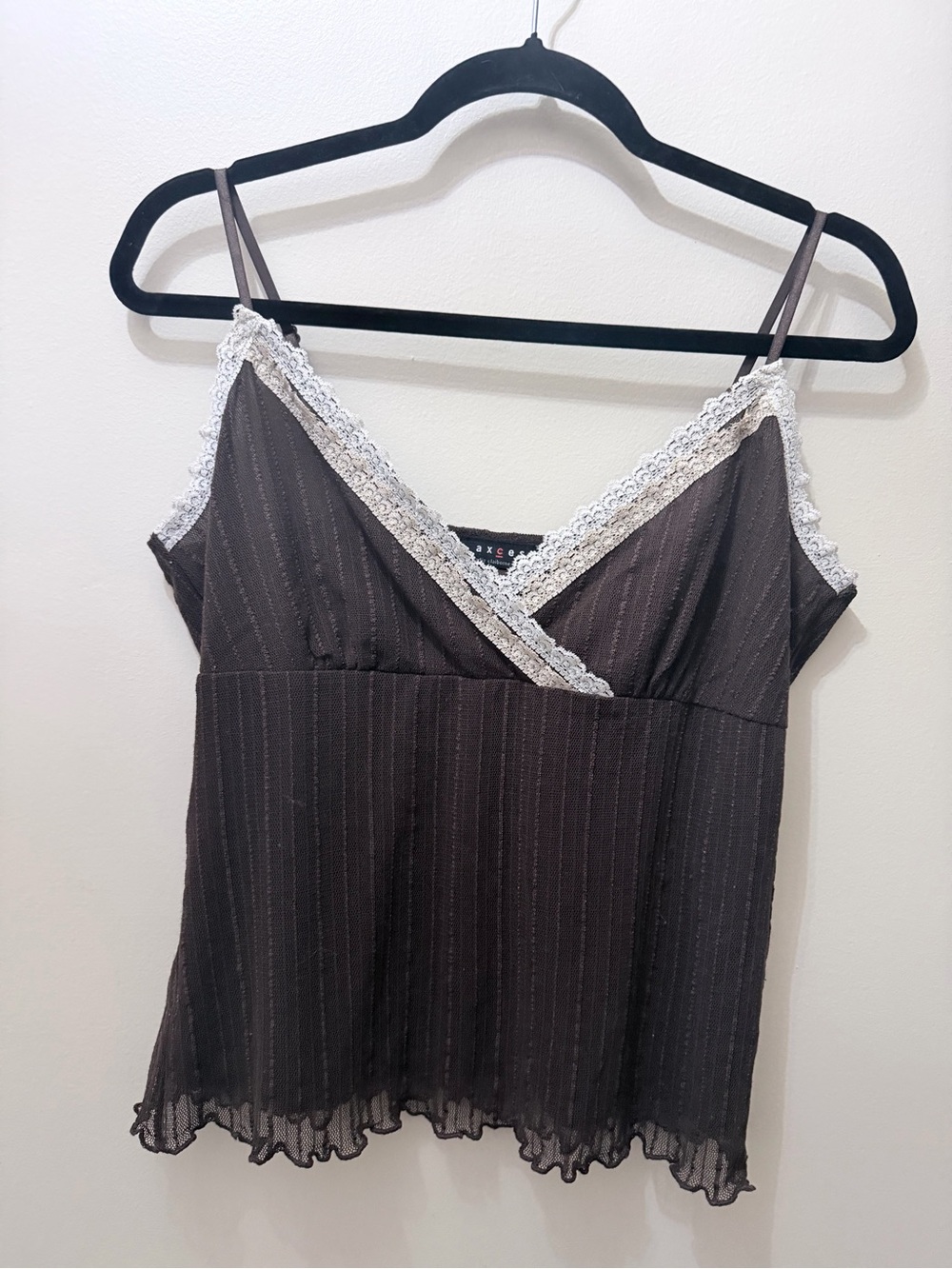 Vintage Y2K Brown Pinstripe Babydoll V Neck Cami Tank Lace Edge Baddie Bratz M
